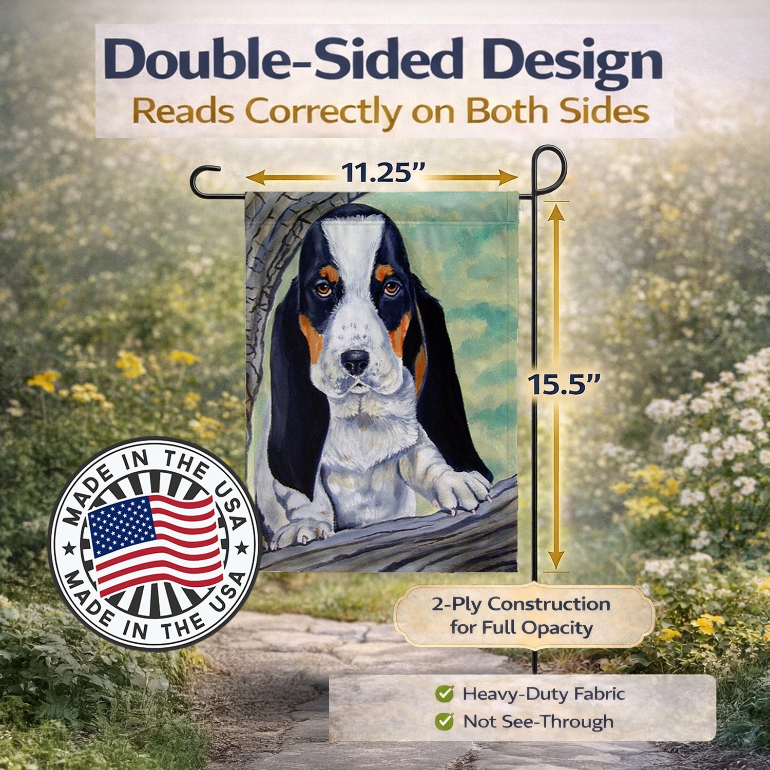 Basset Hound on the branch Garden Flag Mailbox Decorative Yard Banner Outside Patio Artwork for Flower Beds, Garden Size, Multicolor