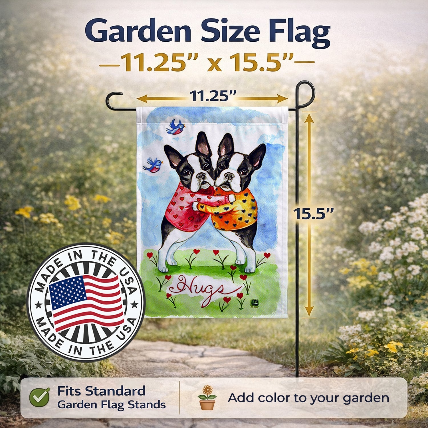 Hugs Boston Terrier Garden Flag Mailbox Decorative Yard Banner Outside Patio Artwork for Flower Beds, Garden Size, Multicolor