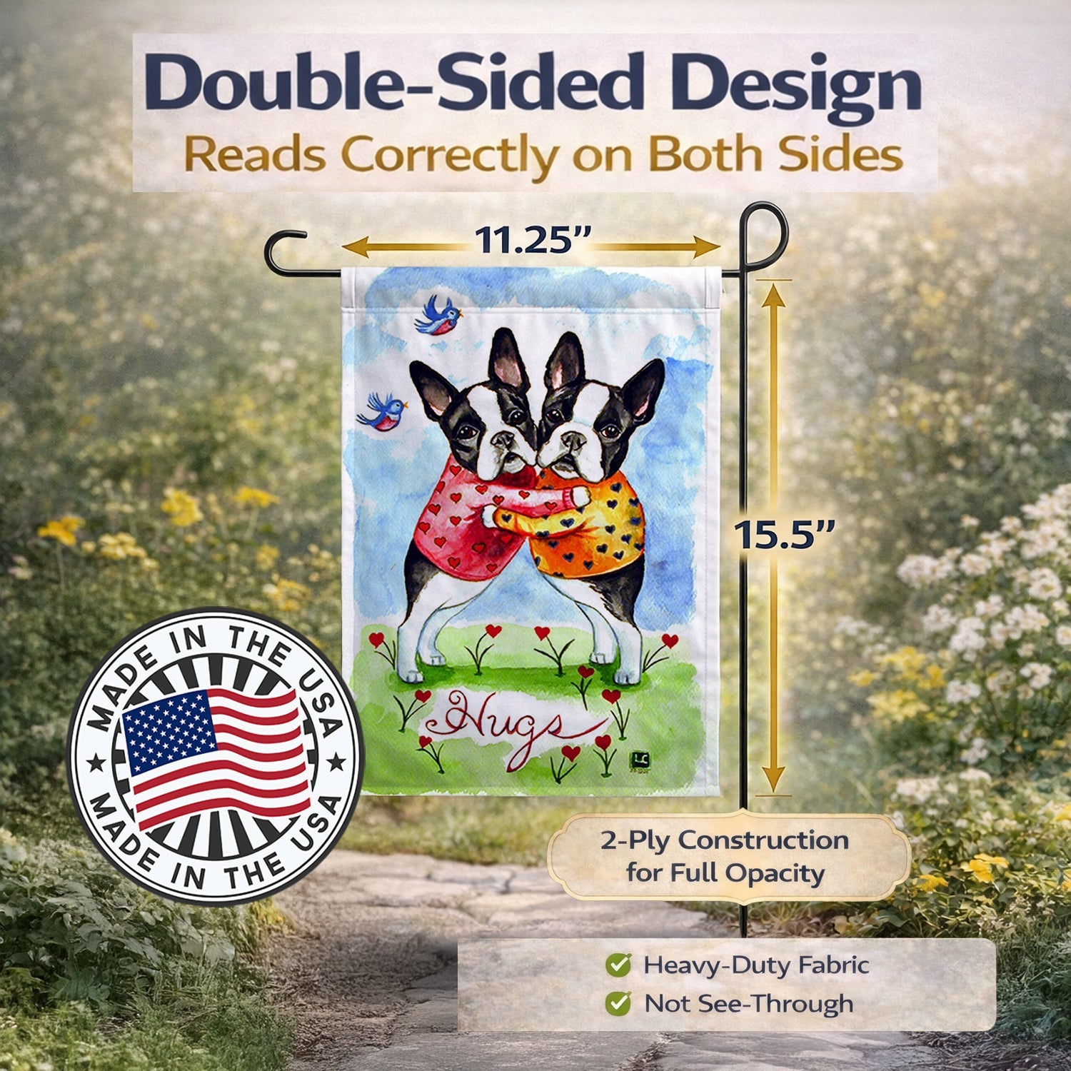Hugs Boston Terrier Garden Flag Mailbox Decorative Yard Banner Outside Patio Artwork for Flower Beds, Garden Size, Multicolor