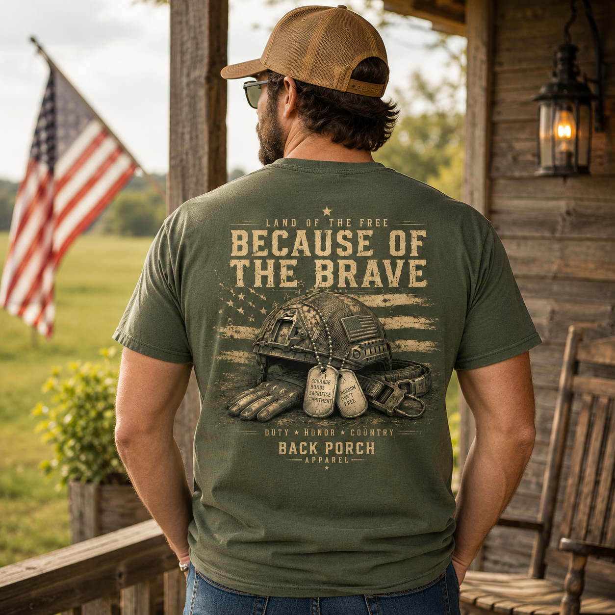 Because of the Brave Comfort Colors Patriotic T-Shirt – Military Freedom Graphic Tee by Back Porch Apparel