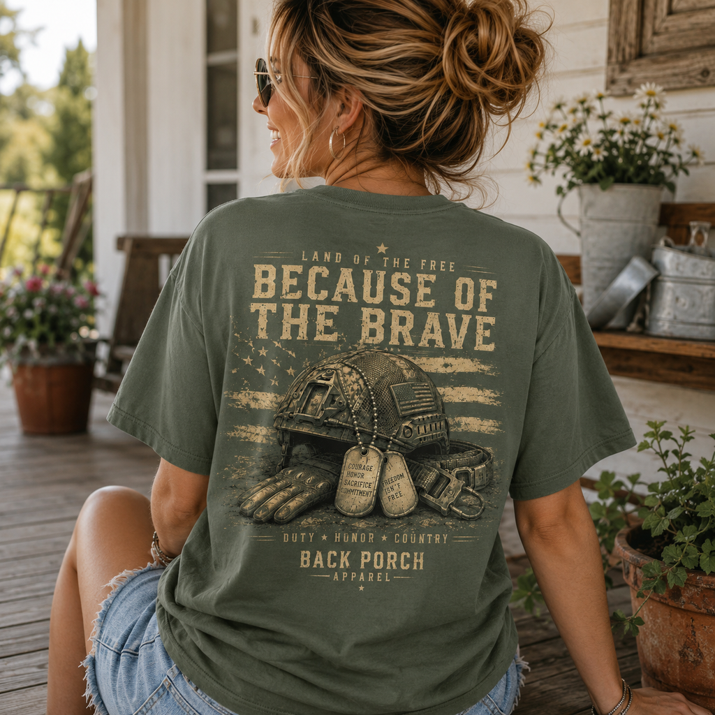 Because of the Brave Comfort Colors Patriotic T-Shirt – Military Freedom Graphic Tee by Back Porch Apparel